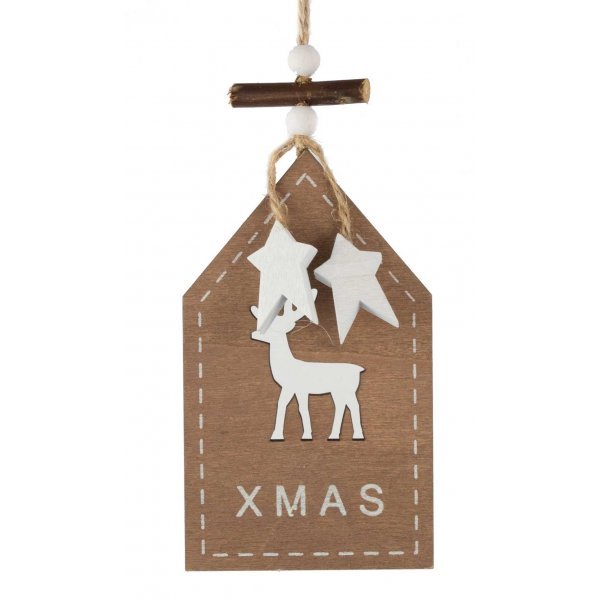 Χριστουγεννιάτικο Κρεμαστό Ξύλινο Σπιτάκι, με Τάρανδο και Επιγραφή "XMAS" (15cm)